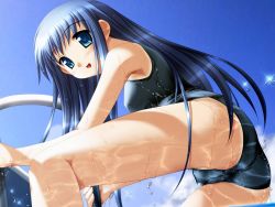 Rule 34 | 1girl, alto, alto (game), ass, blue eyes, blue hair, cameltoe, caustics, from below, iwasaki kouji, jast, kagami shouko, long hair, looking at viewer, looking back, matching hair/eyes, non-web source, one-piece swimsuit, pointy ears, pool, pool ladder, school swimsuit, solo, swimsuit, wallpaper, wet