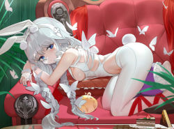 Rule 34 | 1girl, absurdres, all fours, animal ears, aqua nails, armpit crease, ass, azur lane, blue eyes, braid, breasts, bug, butterfly, cake, chocolate cake, closed mouth, commentary, couch, expressionless, fake animal ears, fake tail, food, from side, glass table, hairband, highres, insect, le malin (azur lane), le malin (listless lapin) (azur lane), leotard, long hair, looking at viewer, low twin braids, manjuu (azur lane), medium breasts, nail polish, on couch, pantyhose, pillow, playboy bunny, rabbit ears, rabbit tail, sideboob, silver hair, solo, table, tail, twin braids, user cxeu5238, very long hair, white leotard, white pantyhose, wrist cuffs