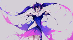 Rule 34 | 1girl, absurdres, collarbone, cowboy shot, dress, grey background, groin, hands on headphones, hands up, hatsune miku, highres, kazenemuri, long hair, looking at viewer, open mouth, purple eyes, purple hair, purple theme, simple background, solo, standing, torn clothes, torn dress, twintails, very long hair, vocaloid