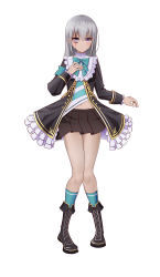 Rule 34 | 1girl, absurdres, black coat, black footwear, blue bow, blue bowtie, blue socks, boots, bow, bowtie, brown skirt, closed mouth, coat, commission, cosplay, cross-laced footwear, dorei to no seikatsu ~teaching feeling~, fold-over boots, full body, grey hair, hand on own chest, hand up, highres, long hair, long sleeves, looking at viewer, mejiro mcqueen (umamusume), mejiro mcqueen (umamusume) (cosplay), midriff peek, miniskirt, navel, open clothes, open coat, pigeon-toed, pixiv commission, pleated skirt, purple eyes, scar, scar across eye, scar on face, simple background, skirt, socks, solo, sylvie (dorei to no seikatsu), taka (takahirokun), umamusume, white background
