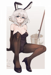 Rule 34 | 1girl, animal ears, arm support, bare shoulders, black footwear, black gloves, black hairband, black leotard, blue eyes, breasts, brown pantyhose, bucket, cleavage, collarbone, commentary request, elbow gloves, gloves, grey background, grey hair, hair between eyes, hairband, high heels, highres, knee up, large breasts, leotard, original, pantyhose, playboy bunny, rabbit ears, ryokucha manma, shoes, sitting, solo, strapless, strapless leotard