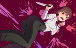 Rule 34 | 1girl, black necktie, black pants, blush, breasts, chainsaw man, collared shirt, commentary request, crying, crying with eyes open, hair ornament, hairclip, higashiyama kobeni, highres, holding, holding knife, kamille (vcx68), knife, looking at viewer, medium breasts, medium hair, mole, mole on cheek, mole under eye, mole under mouth, multiple moles, nail polish, necktie, open mouth, pants, pink nails, sad, shirt, short ponytail, single sidelock, solo, tears, white shirt