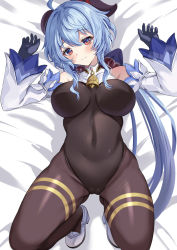 Rule 34 | 1girl, ahoge, bare shoulders, bed sheet, bell, black legwear, black leotard, blue gloves, blue hair, blush, bodystocking, bodysuit, bow, breasts, cameltoe, covered navel, detached sleeves, full body, ganyu (genshin impact), genshin impact, gloves, gluteal fold, high heels, horns, kagemi, leotard, leotard under clothes, light smile, long hair, looking at viewer, low ponytail, lying, medium breasts, neck bell, on back, red eyes, sidelocks, solo, thighlet, thighs, white sleeves