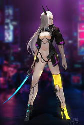 Rule 34 | breasts, cybernetics, cyberpunk, cyborg, heels, highres, horns, jacket, lize cai, navel, open clothes, open jacket, revealing clothes, sword, weapon, white hair