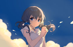 Rule 34 | 1girl, amano hina (tenki no ko), bare arms, bare shoulders, blue eyes, blue sky, closed mouth, cloud, day, fish, highres, hood, hood down, hoodie, long hair, looking at viewer, low twintails, mongarit, outdoors, own hands clasped, own hands together, sky, sleeveless, sleeveless hoodie, smile, solo, tenki no ko, twintails, upper body, white hoodie