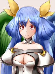 Rule 34 | 1girl, asymmetrical wings, bare shoulders, blue hair, blush, breasts, cleavage, dizzy (guilty gear), eyebrows, guilty gear, guilty gear xrd, hair ribbon, kagarimachi konatsu, large breasts, long hair, looking at viewer, red eyes, ribbon, smile, solo, twintails, wings, yellow ribbon