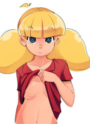 Rule 34 | 1girl, ahoge, areola slip, blonde hair, blue eyes, breasts, clothes lift, dic entertainment, eyebrows, frown, inspector gadget, lifting own clothes, long hair, looking at viewer, navel, no bra, penny (inspector gadget), shirt, shirt lift, sho-n-d, short twintails, simple background, sketch, solo, standing, t-shirt, twintails, white background