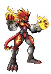 Rule 34 | armor, beta design, claws, digimon, fire, flamon, green eyes, highres, simple background, white background