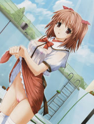 Rule 34 | 1girl, blush, breasts, brown eyes, brown hair, cleft of venus, clothes lift, cloud, food, fruit, game cg, giga, hair ribbon, lifting own clothes, makino konoha, nekonyan, no bra, no panties, nude, nude filter, pool, pussy, raspberry, raspberry (game), ribbon, see-through, shirt, short hair, skirt, skirt lift, sky, solo, thighhighs, third-party edit, uncensored, wet, wet clothes, wet shirt, zenra