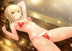 Rule 34 | 1girl, bare shoulders, bell, bikini, blonde hair, breasts, christmas, coffee-kizoku, collarbone, green eyes, highleg, highleg bikini, highres, light particles, lips, looking at viewer, lotion bottle, lying, medium breasts, mele retanagua, navel, on back, original, parted lips, pom pom (clothes), red bikini, santa bikini, shiny clothes, shiny skin, short hair, simple background, solo, steam, stomach, swimsuit, water, wooden floor