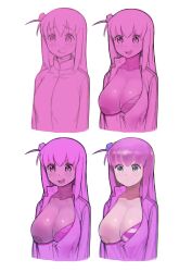Rule 34 | 1girl, absurdres, blush, bocchi the rock!, bra, breasts, cleavage, collarbone, cropped torso, cube hair ornament, dot mouth, gotoh hitori, grey eyes, hair ornament, highres, jacket, large breasts, long hair, long sleeves, nipples, one breast out, partially unzipped, pink bra, pink hair, pink jacket, pink theme, pink track suit, puffy nipples, simple background, sketch, snorkel14, striped bra, striped clothes, track jacket, underwear, upper body, variations, wavy mouth, white background, white bra