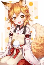 Rule 34 | 1girl, :d, animal ear fluff, animal ears, apron, blonde hair, blush, bowl, commentary request, eyes visible through hair, fang, flower, food, fox ears, fox tail, hair between eyes, hair flower, hair ornament, highres, japanese clothes, looking at viewer, miko, open mouth, ribbon-trimmed sleeves, ribbon trim, rice, sakura ani, seiza, senko (sewayaki kitsune no senko-san), sewayaki kitsune no senko-san, short hair, sitting, smile, solo, tail, wide sleeves, yellow eyes