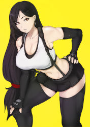 Rule 34 | 1girl, absurdres, bare shoulders, black hair, black skirt, black thighhighs, breasts, brown eyes, cleavage, commentary, earrings, elbow gloves, english commentary, female focus, final fantasy, final fantasy vii, final fantasy vii remake, fingerless gloves, gloves, hand on own hip, highres, jewelry, large breasts, leaning forward, long hair, low-tied long hair, microskirt, midriff, muscular, muscular female, navel, parted lips, pleated skirt, puzenketsu, shirt, simple background, skindentation, skirt, solo, suspender skirt, suspenders, tank top, taut clothes, taut shirt, thighhighs, thighs, tifa lockhart, very long hair, white tank top, yellow background