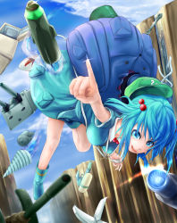 Rule 34 | 1girl, backpack, bag, blue eyes, blue hair, claws, drill, drum (container), hair bobbles, hair ornament, hat, highres, kawashiro nitori, key, looking at viewer, matching hair/eyes, open mouth, pointing, refrigerator, shield, short hair, shuwasshoi, smile, solo, torpedo, touhou, turret, twintails, two side up, water gun, wrench