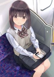 Rule 34 | 1girl, bag, blush, bow, bowtie, brown eyes, brown hair, chikuwa (odennabe), from above, highres, holding, holding phone, long sleeves, looking at viewer, medium hair, original, phone, red bow, red bowtie, school bag, school uniform, solo, sweater vest, train interior