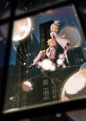 Rule 34 | 1boy, 1girl, absurdres, black footwear, black necktie, black ribbon, black shorts, blonde hair, blue eyes, blurry, blurry foreground, bow, building, buttons, city, closed eyes, closed mouth, collared dress, collared shirt, detached sleeves, dress, facing viewer, flat chest, floating hair, footwear bow, full moon, hair between eyes, hair bow, hair ornament, hairclip, happy, high collar, highres, kagamine len, kagamine rin, kneehighs, light particles, looking at another, looking down, mary janes, miku symphony (vocaloid), moon, moonlight, neck ribbon, necktie, night, night sky, open mouth, open window, planet, pleated dress, puffy sleeves, ribbon, rui (fri), shirt, shoes, short sleeves, shorts, sky, skyscraper, socks, star (sky), starry sky, string, suspender shorts, suspenders, swept bangs, tie clip, tsurime, vocaloid, white bow, white dress, white shirt, white socks, window, yellow bow