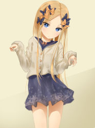 Rule 34 | 1girl, abigail williams (fate), beige sweater, black bow, blonde hair, blue dress, blue eyes, blush, bow, breasts, buttons, contemporary, dress, fate/grand order, fate (series), forehead, hair bow, long hair, looking at viewer, multiple hair bows, orange bow, parted bangs, polka dot, polka dot bow, sakazakinchan, small breasts, thighs