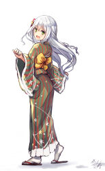 Rule 34 | 1girl, absurdres, ass, back, from behind, full body, geta, green eyes, grey hair, hair ornament, highres, japanese clothes, kimono, long hair, looking at viewer, looking back, mitoko (tsuchikure), obi, open mouth, original, outstretched arms, sash, signature, simple background, solo, standing, striped, tsuchikure, vertical stripes, white background, white legwear, wide sleeves