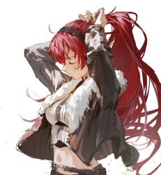 Rule 34 | 1girl, arms up, black jacket, closed eyes, closed mouth, dino (dinoartforame), eris greyrat, from side, fur-trimmed jacket, fur trim, hairband, highres, jacket, long hair, mushoku tensei, navel, ponytail, red hair, sidelocks, simple background, solo, stomach, tying hair, upper body, white background