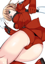 Rule 34 | 10s, 1girl, aqua eyes, ass, badge, belt, boots, breasts, brown hair, crotch seam, dual wielding, from behind, from below, gloves, green eyes, headphones, holding, holding weapon, kneepits, konami kirie, looking at viewer, open mouth, orikuchi hirata, red footwear, short hair, short shorts, shorts, solo, thigh gap, weapon, white background, world trigger