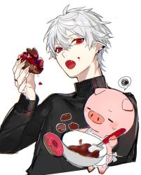 Rule 34 | 1boy, animal, apron, bad id, bad twitter id, blush, bowl, chocolate, doughnut, earrings, fang, fingernails, food, holding, holding bowl, holding chocolate, holding food, holding spatula, jewelry, loalo, male focus, open mouth, original, pig, pointy ears, red eyes, ring, scribble, sharp fingernails, simple background, spatula, sweat, turtleneck, virtual youtuber, white background, white hair