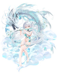 Rule 34 | 1girl, absurdres, animal, asymmetrical sleeves, bare shoulders, barefoot, blue eyes, breasts, chinese zodiac, commentary request, detached sleeves, dragon, floating hair, flower, flute, grey hair, groin, hair between eyes, hair flower, hair intakes, hair ornament, hands up, highres, holding, holding instrument, instrument, long hair, long sleeves, looking at viewer, medium breasts, navel, no shoes, one side up, original, petals, see-through, simple background, single thighhigh, solo, taitai, thighhighs, very long hair, white background, white flower, white thighhighs, wide sleeves, year of the dragon