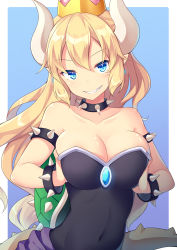 Rule 34 | 1girl, amemiya ruki, armlet, bare shoulders, black dress, blonde hair, blue background, blue eyes, bowsette, bracelet, breasts squeezed together, breasts, collar, collarbone, commentary request, covered navel, dress, earrings, grin, highres, horns, jewelry, large breasts, long hair, looking at viewer, mario (series), new super mario bros. u deluxe, nintendo, parted lips, pointy ears, sharp teeth, simple background, smile, solo, spiked armlet, spiked bracelet, spiked collar, spiked shell, spiked tail, spikes, strapless, strapless dress, super crown, tail, teeth, turtle shell, v-shaped eyebrows