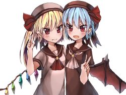 Rule 34 | 2girls, alternate costume, ascot, bad id, bad pixiv id, bat wings, blonde hair, blue hair, blush, crystal, fang, flandre scarlet, hat, hat ribbon, looking at viewer, multiple girls, open mouth, pointy ears, re-ka, red eyes, remilia scarlet, ribbon, sailor collar, school uniform, short hair, short sleeves, siblings, side ponytail, simple background, sisters, slit pupils, smile, touhou, upper body, v, white background, wings