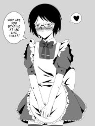 Rule 34 | 1boy, apron, black hair, blush, bow, closed mouth, clothes lift, collar, crossdressing, eliixar, embarrassed, english text, glasses, hiding, highres, maid, male focus, monochrome, original, puffy sleeves, skirt, thighhighs, thighs, trap