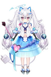 Rule 34 | 1girl, absurdres, bare shoulders, bell, bespectacled, black-framed eyewear, black gloves, blue footwear, blue gloves, blue skirt, blush, closed mouth, crescent, elbow gloves, glasses, gloves, gradient gloves, hair between eyes, halo, headgear, heart, highres, indie virtual youtuber, jingle bell, long hair, looking at viewer, maid headdress, navel, official art, padko, power symbol, red eyes, see-through, semi-rimless eyewear, shiodome oji, shirt, shoes, simple background, skirt, sleeveless, sleeveless shirt, smile, solo, standing, tail, twintails, under-rim eyewear, very long hair, virtual youtuber, white background, white hair, white shirt, wifi symbol