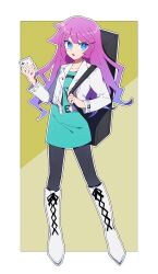 Rule 34 | 1girl, absurdres, black pantyhose, boots, cellphone, dress, gradient hair, highres, holding, holding phone, instrument case, jacket, kirishima romin, knee boots, long hair, looking at viewer, multicolored hair, nanashiba (banntlla), open clothes, open jacket, open mouth, pantyhose, phone, purple hair, white footwear, white jacket, yu-gi-oh!, yu-gi-oh! sevens