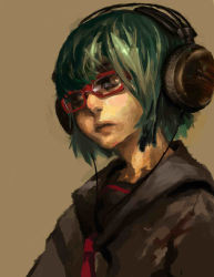 Rule 34 | 1girl, audio-technica, bespectacled, glasses, green hair, gumi, headphones, red-framed eyewear, short hair, solo, vocaloid, william chacha