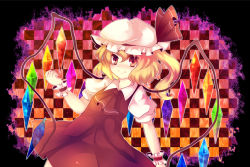 Rule 34 | 1girl, ascot, bad id, bad pixiv id, blonde hair, blush, checkered background, crystal, demon wings, dress, female focus, flandre scarlet, puffy short sleeves, puffy sleeves, red dress, red eyes, short sleeves, simple background, smile, solo, touhou, upper body, uranaishi (miraura), vampire, wings, wrist cuffs