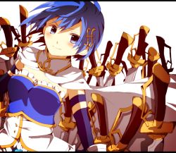 Rule 34 | 10s, 1girl, armband, bad id, bad pixiv id, blue eyes, blue hair, cape, fortissimo, gloves, hair ornament, hairclip, hiiragi fuyuki, letterboxed, magical girl, mahou shoujo madoka magica, mahou shoujo madoka magica (anime), mahou shoujo madoka magica movie 1 &amp; 2, matching hair/eyes, miki sayaka, misoan, multiple swords, musical note, musical note hair ornament, smile, solo, soul gem, sword, weapon