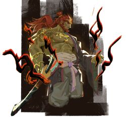 Rule 34 | 1boy, abs, absurdres, artist request, aura, bara, bare pectorals, beard, black sclera, colored sclera, cropped legs, dark aura, facial hair, frown, ganondorf, gold necklace, hadanugi dousa, highres, holding, holding sword, holding weapon, japanese clothes, jewelry, kimono, large pectorals, long hair, looking to the side, male focus, mature male, midriff sarashi, muscular, muscular male, necklace, nintendo, nipple piercing, nipple rings, nipples, open kimono, painterly, pectorals, piercing, pointy ears, red hair, sarashi, serious, short kimono, solo, sword, the legend of zelda, weapon, wrinkled skin