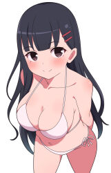 Rule 34 | 1girl, absurdres, arms behind back, bare shoulders, bikini, black hair, blunt bangs, blush, breasts, brown eyes, cleavage, closed mouth, collarbone, commentary request, cowboy shot, curvy, foreshortening, from above, hair ornament, hairclip, halterneck, highres, large breasts, long hair, looking at viewer, mole, mole under eye, navel, original, side-tie bikini bottom, simple background, smile, solo, split mouth, standing, swimsuit, upturned eyes, very long hair, white background, white bikini, zlmh7okwwbmghfo