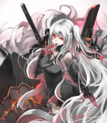 Rule 34 | 1girl, abyssal ship, aircraft carrier princess, black dress, breasts, cannon, cleavage, colored skin, dress, finger to tongue, hair between eyes, highres, kantai collection, long hair, pale skin, red eyes, side ponytail, solo, sunday aki, tongue, tongue out, very long hair, white hair, white skin