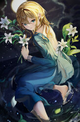 Rule 34 | 1girl, absurdres, afloat leaves, backless dress, backless outfit, bare back, blonde hair, blue dress, blue eyes, closed mouth, cloud, cloudy sky, dress, eyelashes, flower, foot out of frame, full body, full moon, high heels, highres, holding, holding flower, leaf, leaf on liquid, light smile, long dress, long hair, long sleeves, looking at viewer, moon, night, night sky, original, outdoors, partially submerged, pumps, reflection, reflective water, rosu 1109, sidelocks, sitting, sky, solo, water, wet, wet clothes, wet dress, white flower, yokozuwari