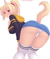 Rule 34 | 1girl, :o, animal ear fluff, animal ears, ass, blonde hair, blue skirt, blush, breasts, cat ears, cat girl, cat tail, commentary, denim, denim skirt, english commentary, from behind, hair ornament, hair scrunchie, highres, hood, hoodie, large breasts, long hair, long sleeves, miniskirt, nottytiffy, original, panties, parted lips, patreon username, ponytail, red eyes, red scrunchie, scrunchie, simple background, skirt, solo, tail, thighhighs, thighs, tiffy (nottytiffy), underwear, upskirt, white background, white panties, white thighhighs