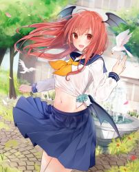 Rule 34 | 1girl, alternate costume, animal, bird, black wings, blouse, blue skirt, building, cherry blossoms, clothes lift, commentary request, crop top, day, floating hair, flower, fountain, grass, hair between eyes, hand up, head wings, highres, koakuma, long hair, long sleeves, looking at viewer, low wings, midriff, natsuki (ukiwakudasai), navel, neckerchief, outdoors, outstretched arms, pleated skirt, red eyes, red hair, sailor collar, school uniform, serafuku, shirt, skirt, smile, solo, spread arms, standing, touhou, tree, water, white shirt, wind, wind lift, wings, yellow neckerchief