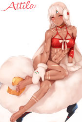 Rule 34 | 1girl, altera (fate), altera the santa (fate), bare legs, bare shoulders, barefoot, blush, breasts, chinese commentary, choker, christmas, collarbone, commentary request, covered erect nipples, dark-skinned female, dark skin, detached sleeves, earmuffs, fate/grand order, fate (series), feet, highres, laserflip, looking at viewer, medium breasts, merry christmas, mittens, muscular, navel, no panties, parted lips, red eyes, sheep, shiny skin, short hair, signature, sitting, solo, tattoo, toes, veil, white hair, white mittens