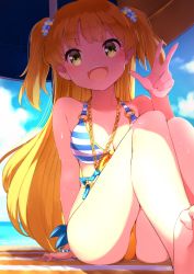 Rule 34 | 1girl, :d, arm support, bare arms, bare legs, bare shoulders, barefoot, bikini, blue sky, blush, breasts, chain, cleavage, cloud, cloudy sky, commentary request, day, fangs, front-tie top, hair ornament, hand up, highres, idolmaster, idolmaster cinderella girls, jougasaki rika, legs, long hair, medium breasts, mismatched bikini, open mouth, orange bikini, outdoors, parasol, rin2008, side-tie bikini bottom, sitting, sky, smile, solo, star (symbol), striped bikini, striped bikini top, striped clothes, swimsuit, toenails, two side up, umbrella, very long hair, w, yellow eyes