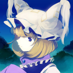 Rule 34 | 1girl, blonde hair, blue eyes, female focus, hat, kayako (tdxxxk), looking at viewer, short hair, solo, touhou, upper body, yakumo ran