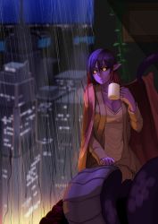 Rule 34 | 1girl, apophis (monster girl encyclopedia), black hair, black sclera, blanket, blue hair, breasts, casual, cityscape, cleavage, colored sclera, colored skin, cup, female focus, gradient hair, highres, indoors, lamia, large breasts, less, monster girl, monster girl encyclopedia, multicolored hair, night, pointy ears, purple skin, rain, red hair, slit pupils, solo, v-neck, yellow eyes