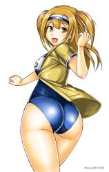 Rule 34 | 1girl, blue one-piece swimsuit, brown eyes, brown jacket, cowboy shot, from behind, hairband, i-26 (kancolle), jacket, kantai collection, kudou (ooabareteng), light brown hair, long hair, looking at viewer, looking back, name tag, new school swimsuit, one-hour drawing challenge, one-piece swimsuit, school swimsuit, short sleeves, simple background, solo, swimsuit, swimsuit under clothes, two-tone hairband, two side up, white background
