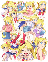 Rule 34 | 1girl, ;d, bishoujo senshi sailor moon, blonde hair, blue eyes, blue skirt, blush, buttons, clenched hands, closed mouth, collared shirt, commentary, double bun, earrings, english commentary, eyelashes, floating hair, gloves, hair bun, hand on own hip, hand on own thigh, hands up, highres, holding strap, jewelry, long hair, looking at viewer, looking up, mittens, multiple views, one eye closed, open mouth, overalls, parted bangs, parted lips, pink shirt, pleated skirt, pointing, purple scarf, sailor collar, sailor moon, scarf, shirt, shoes, simple background, skirt, smile, socks, star (symbol), syertse, teeth, tiara, tongue, tsukino usagi, twintails, white background, white legwear, white shirt, yellow bag