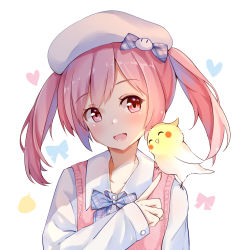 Rule 34 | 1girl, :d, beret, bird, bow, cockatiel, collarbone, collared shirt, creature, hat, hat bow, head tilt, heart, highres, index finger raised, long hair, long sleeves, looking at viewer, open mouth, original, parrot, pink eyes, pink hair, pink vest, scarlet dango, shirt, sidelocks, sleeves past wrists, smile, solo, sweater vest, twintails, upper body, vest, white background, white hat, white shirt