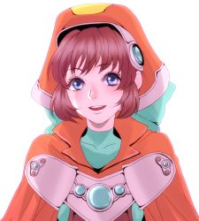 Rule 34 | 1girl, blue eyes, bow, brown hair, cape, chiru (sanifani), hat, looking at viewer, lowres, marguerite fatima, medium hair, open mouth, orange hat, simple background, smile, solo, white background, xenogears