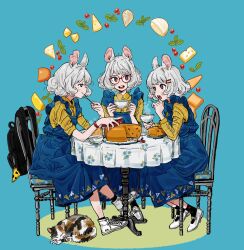 Rule 34 | 3girls, animal ears, blue background, blue dress, bracelet, buttoned cuffs, buttons, calico, cat, chair, cheese, cherry tomato, collared shirt, cup, curly hair, dress, eating, food, fork, fusuma (nohbrk), glasses, herb, highres, holding, holding cup, holding fork, holding phone, jewelry, looking at another, mouse ears, mouse girl, multiple girls, original, phone, red eyes, shirt, shoes, short hair, simple background, sitting, sleeves rolled up, sneakers, table, tablecloth, talking, teacup, tomato, white footwear, white hair, yellow shirt