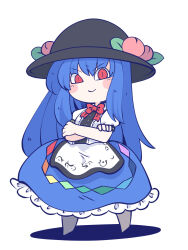 Rule 34 | 1girl, black hat, blue hair, blue skirt, blush stickers, buttons, chahan (fried rice0614), closed mouth, crossed arms, frilled skirt, frills, fruit hat ornament, full body, hair between eyes, hat, hat ornament, highres, hinanawi tenshi, long hair, peach hat ornament, puffy short sleeves, puffy sleeves, red eyes, shirt, short sleeves, simple background, skirt, smile, solo, touhou, white background, white shirt